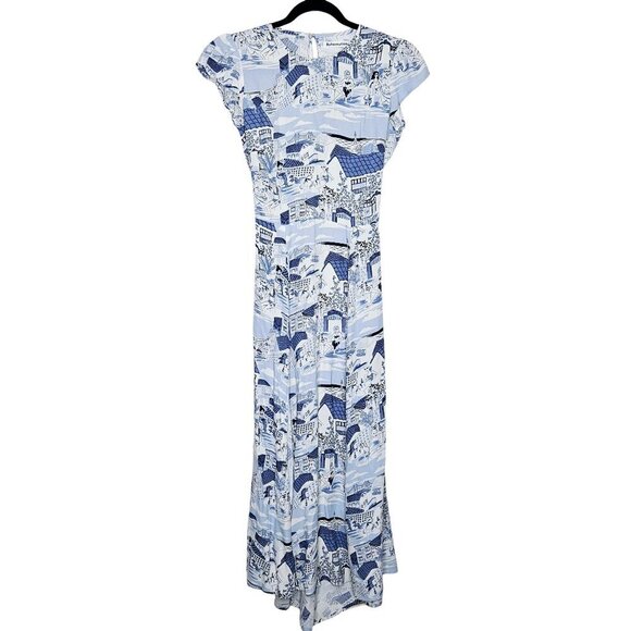 Reformation Gavin Blue White Portugal Printed Open Back Cap Sleeve Midi Dress - Picture 4 of 16